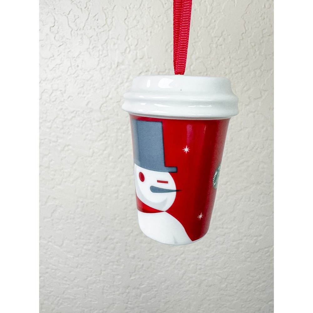Starbucks 2012 Holiday Red Cup Snowman Ceramic Mini Coffee Cup Ornament Festive